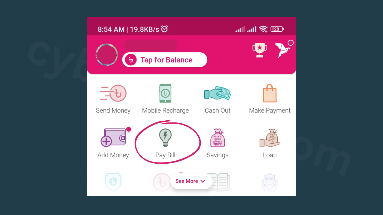 bkash-app-interface-বিকাশ থেকে পল্লী বিদ্যুতের বিল পরিশোধ-cybersheba.com