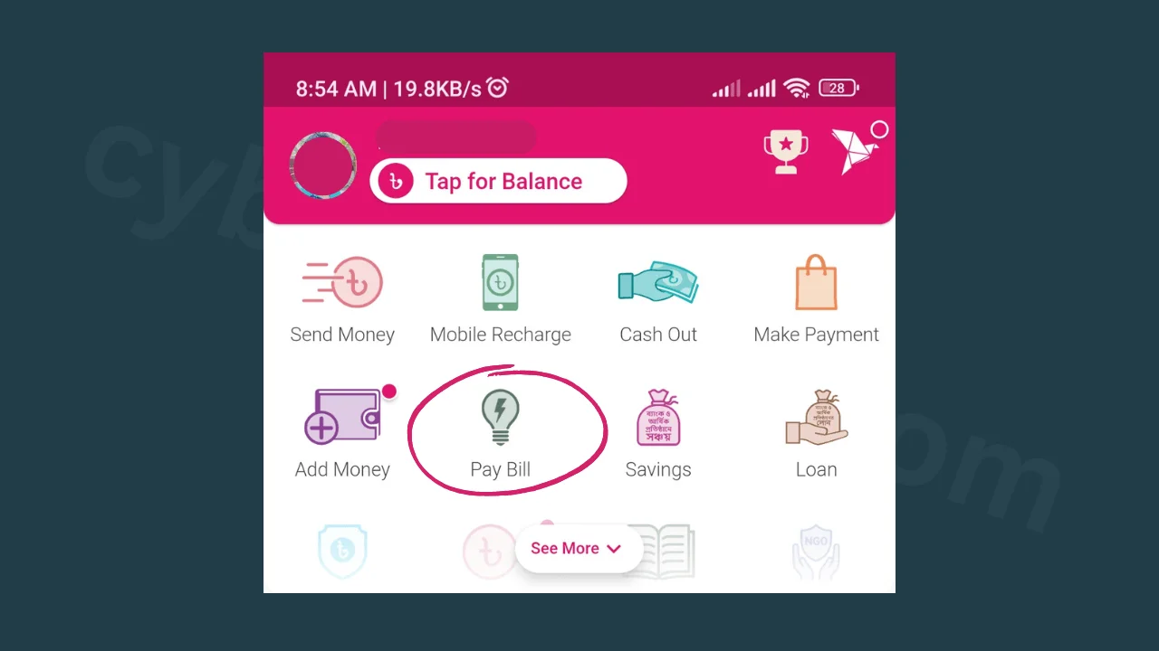 bkash-app-interface-বিকাশ থেকে পল্লী বিদ্যুতের বিল পরিশোধ-cybersheba.com